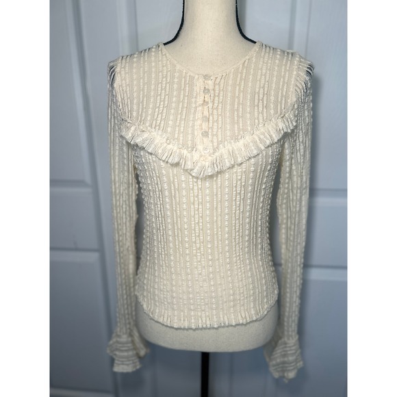 Anthropologie Beige Sheer Pointelle Lace Henley Top Small Long Bell Sleeve